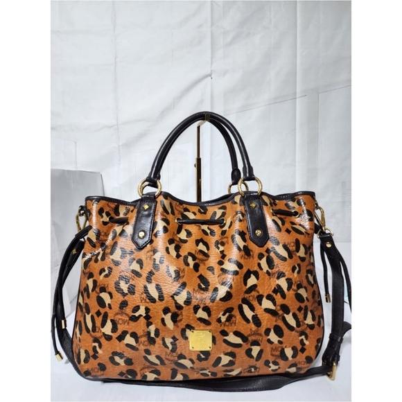 Authentic MCM Leopard Print Large Drawstring Shoulder Bag Brown/Beige - Picture 13 of 13